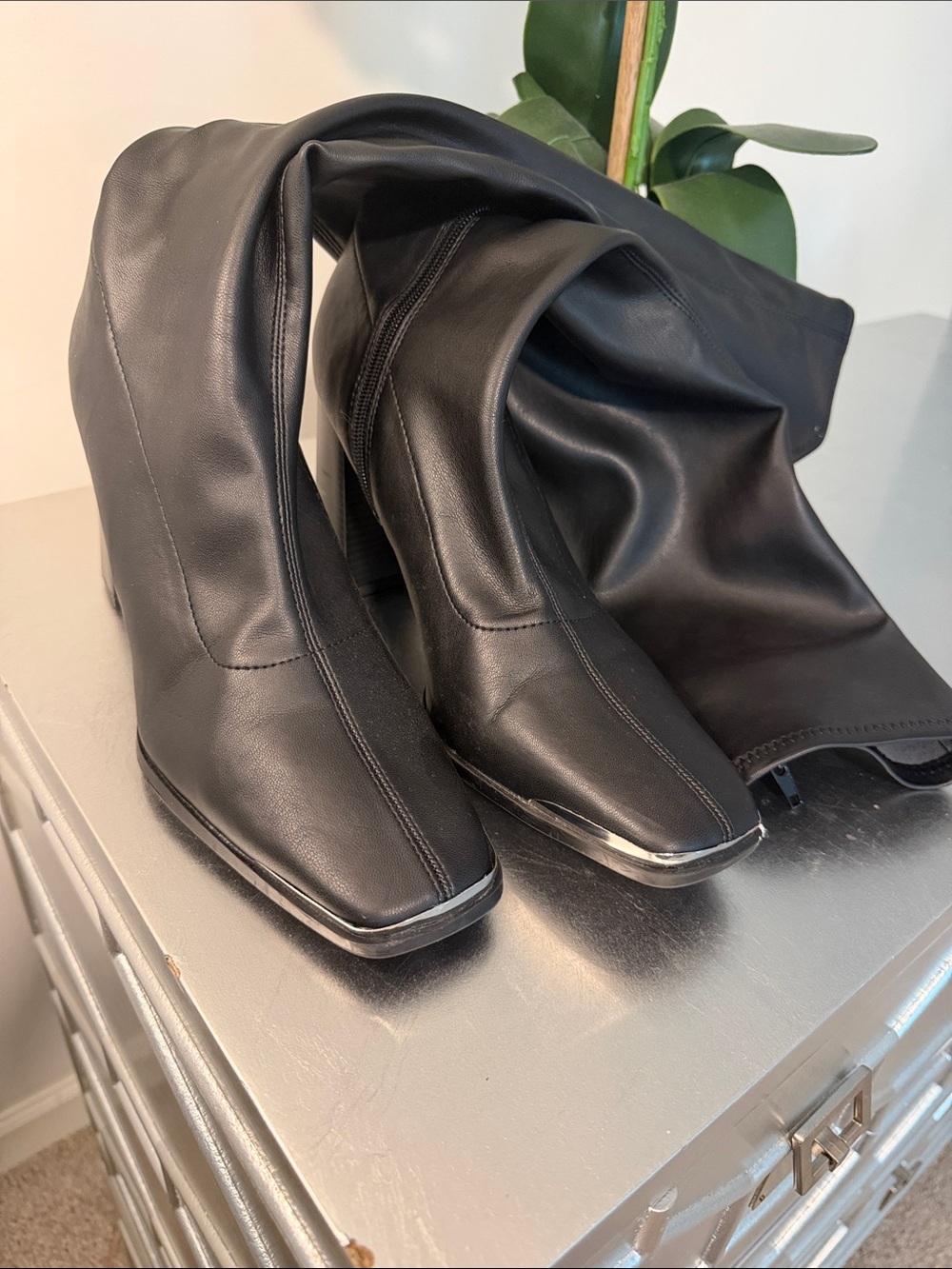 Bar III Black Knee-High Square-Toe Boots with Silver Toe Accent